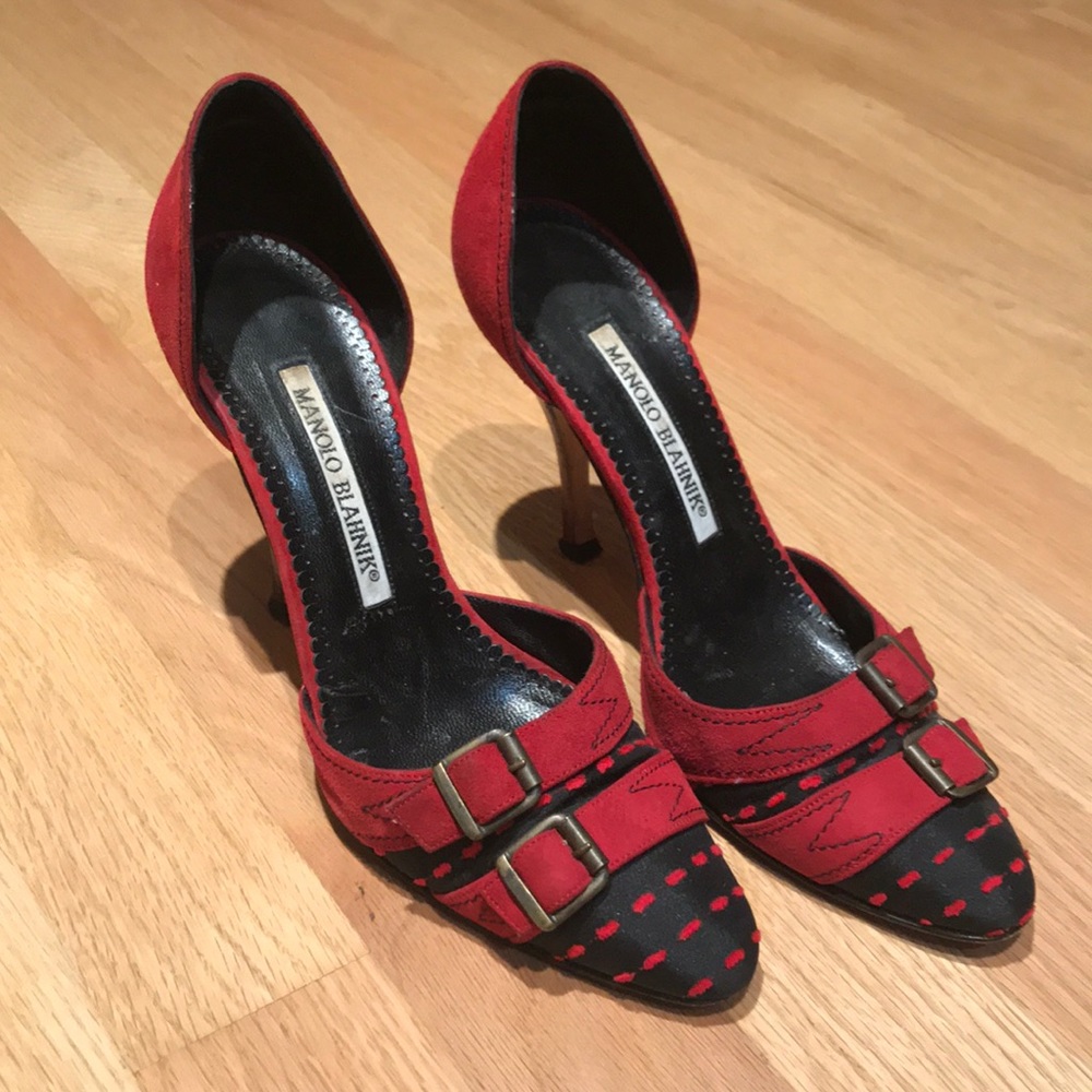 Manolo Blahnik suede and satin heels with buckles